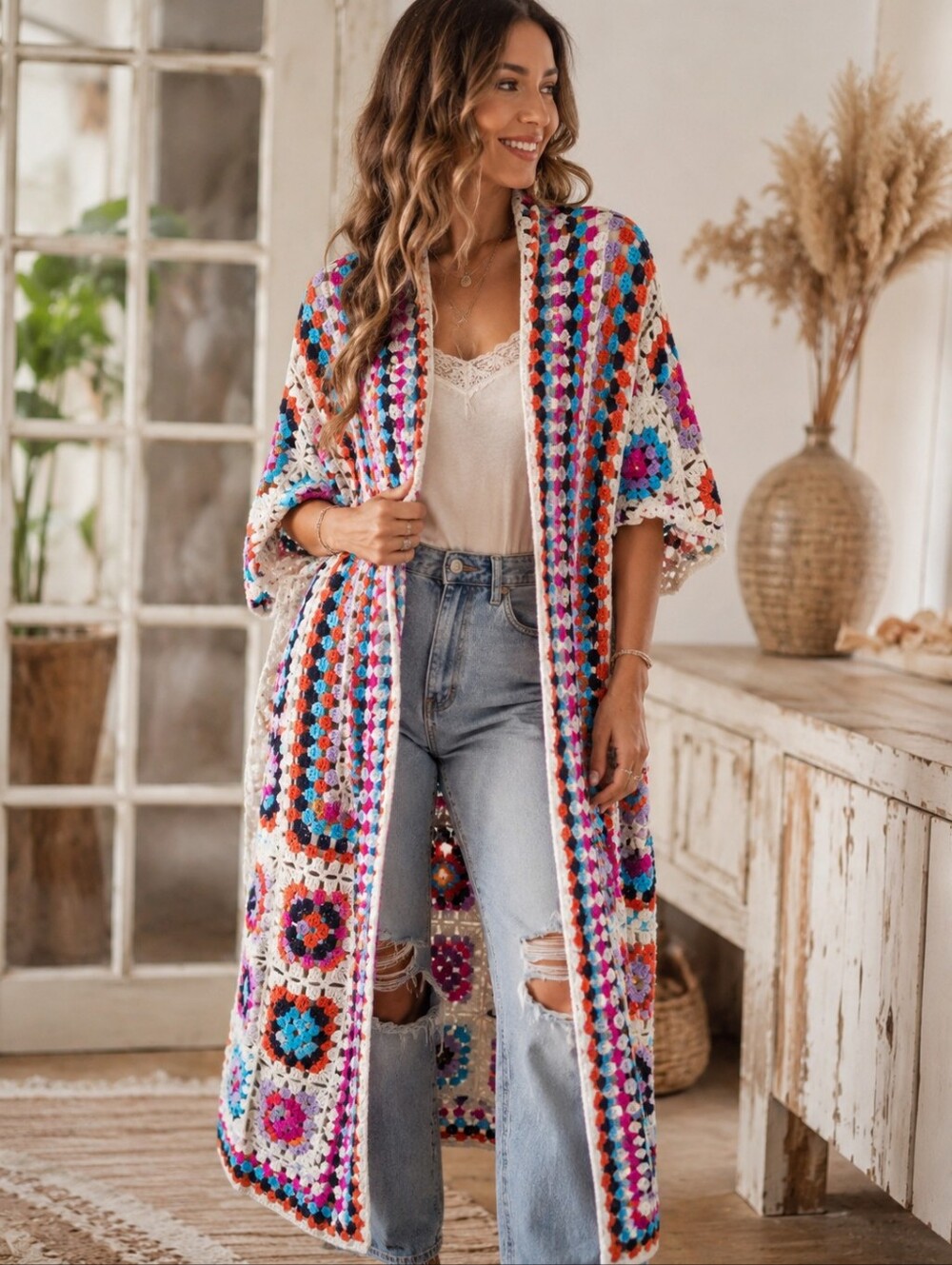 POL Clothing Open Front Granny Square Crochet Duster Cardigan One Size